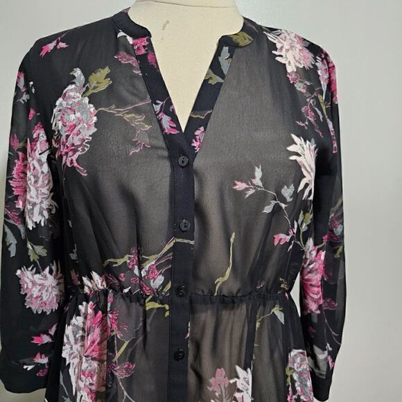 EUC MAURICES SHEER FLORAL BUTTON DOWN HIGH LOW DRESS LONGSLEEVES SZ M - Picture 5 of 16